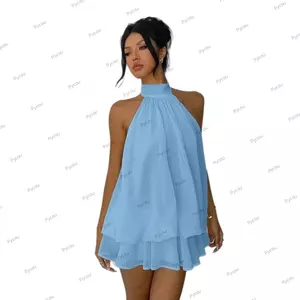 PYCOU Halter Neck Tie Dress, Halter Tie Backless Mini Dress, Y2K Vải Voan Không Tay Màu Trơn Mùa Hè Ruffle Dress Mặc Kỳ Nghỉ