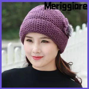 Mũ đan mùa đông MERIGGIARE, Áo lót nhung trang trí hoa Mũ trung niên, Dày hai lớp thường ngày Giữ ấm Mũ chống gió mùa thu đông