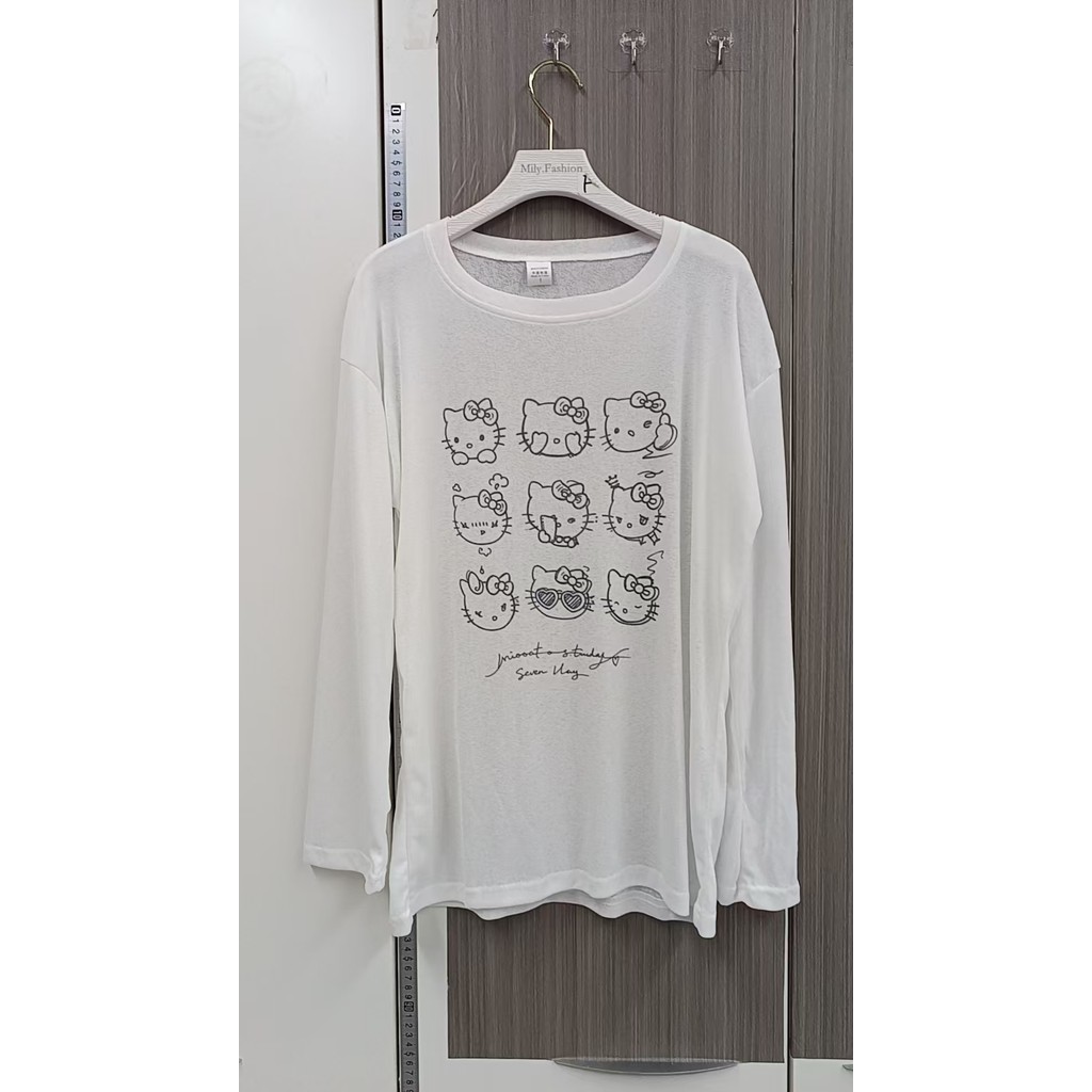 Milyfashion Loose Size Lớn Kem Chống Nắng Mùa Hè Phong Cách Mới Hoạt Hình Mèo kitty In Mỏng Đeo Vai Dài Tay T Quần Áo Nữ 59D2