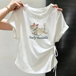 Áo thiết kế xếp li mỏng vừa vặn có dây buộc, Áo thun ngắn tay vai trước phong cách mới mùa hè