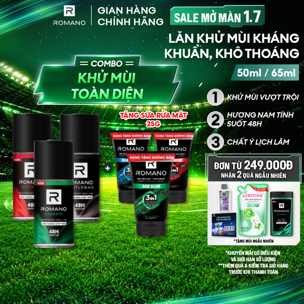 [Tặng Sữa rửa mặt 25g] Lăn khử mùi Romano Khử mùi vượt trội, Hương nam tính suốt 48H 50ml (Tặng mùi ngẫu nhiên)