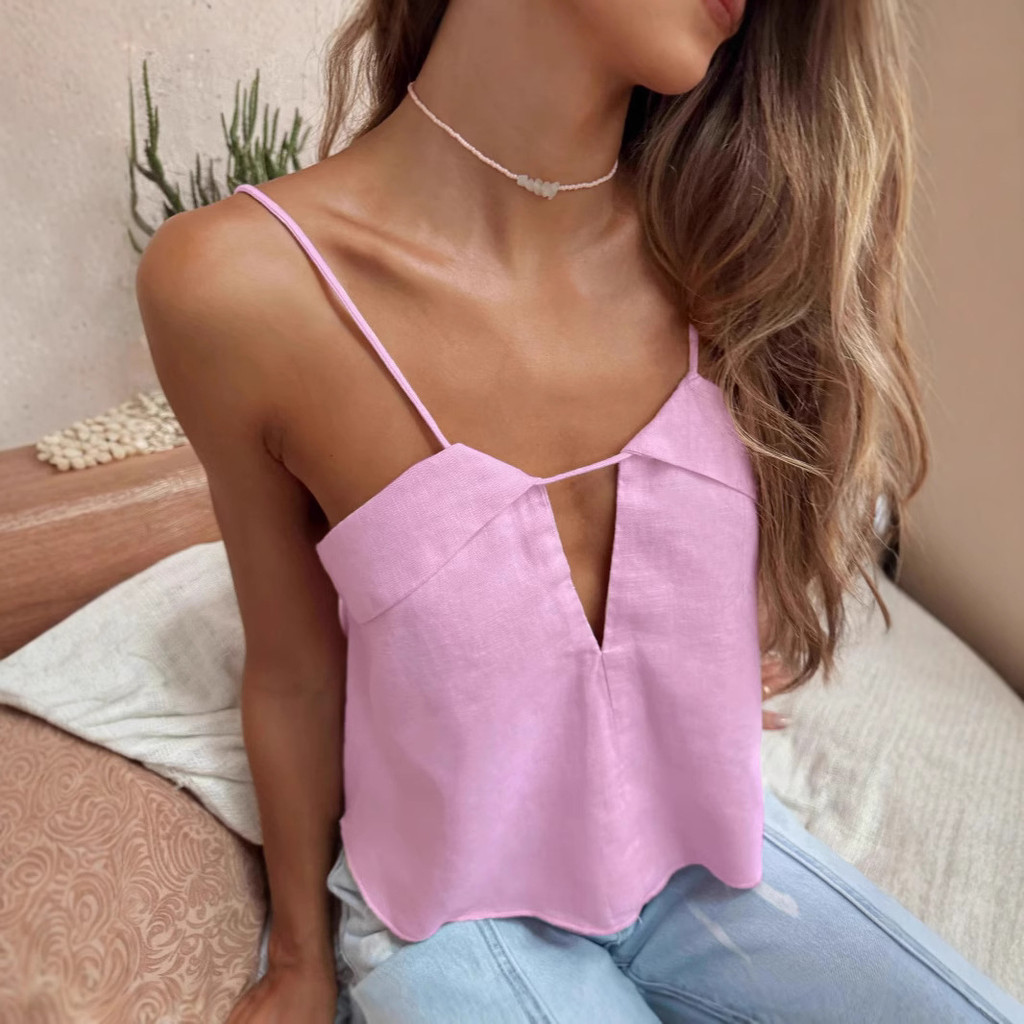 Camisole cổ chữ V gợi cảm ngắn màu trơn từ chất liệu cotton, phù hợp làm áo vest