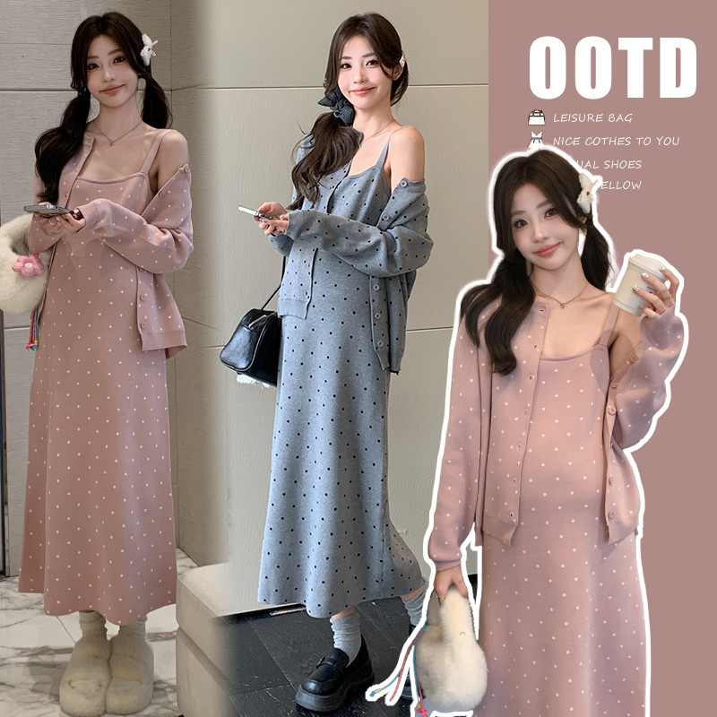 Bộ đồ bà bầu hai mảnh mùa thu, phong cách lười biếng và thời trang Hàn Quốc, váy dệt kim tiện lợi.