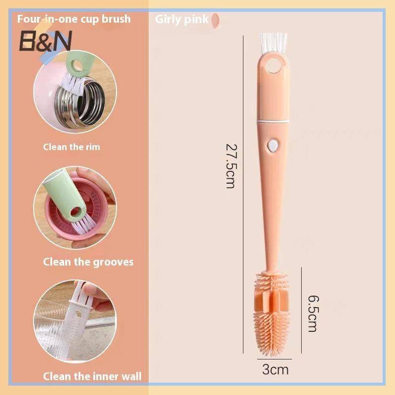 Bàn chải cốc cầm tay dài B & N 4 trong 1 Bàn chải làm sạch cốc đa chức năng Bàn chải làm sạch bằng silicon 360 độ.