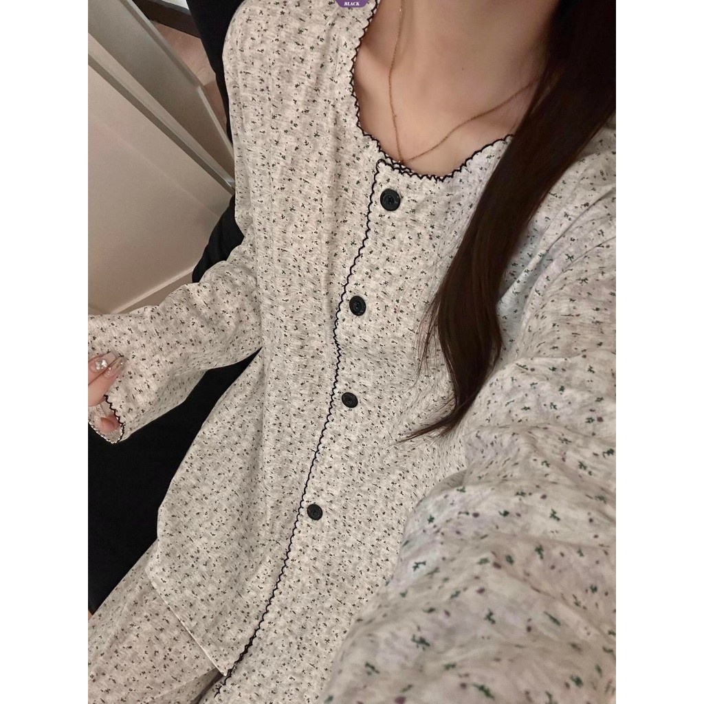 Bộ đồ ngủ dài tay phong cách hoa Hàn Quốc cho xuân thu mới, kèm cardigan mặc nhà