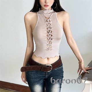 Áo Crop Top Mùa Hè Cho Nữ Màu Trơn Cổ Cao, Thiết Kế Thắt Nút Trước, Form Slim Fit