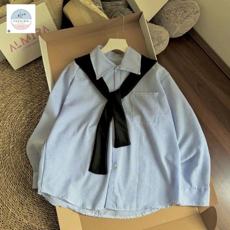 Áo sơ mi dài tay chất đũi xốp kèm khăn siêu xinh-QUANAO94