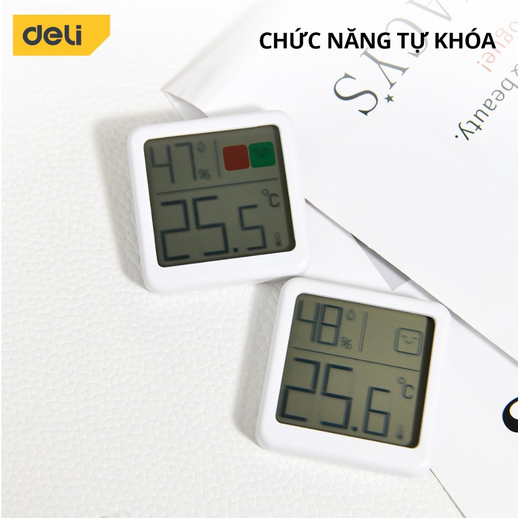 Nhiệt ẩm kế điện tử Deli - Đo nhiệt độ độ ẩm nhỏ gọn xinh xắn có biểu tượng cảm xúc