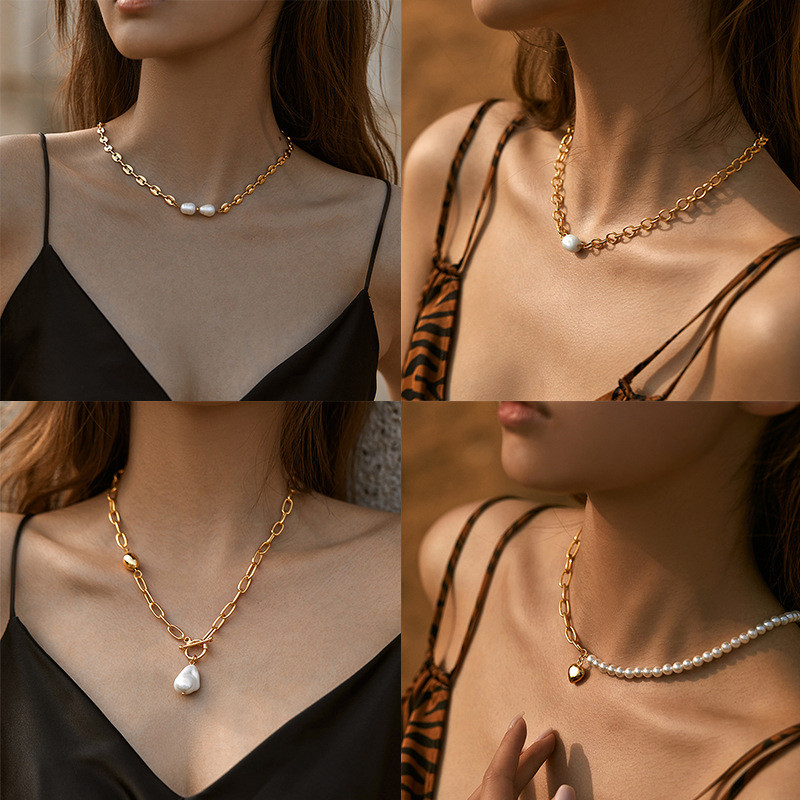 Vòng cổ chuỗi mặt dây chuyền ngọc trai chunky mạ vàng, phong cách baroque dành cho nữ
