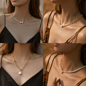 Vòng cổ chuỗi mặt dây chuyền ngọc trai chunky mạ vàng, phong cách baroque dành cho nữ