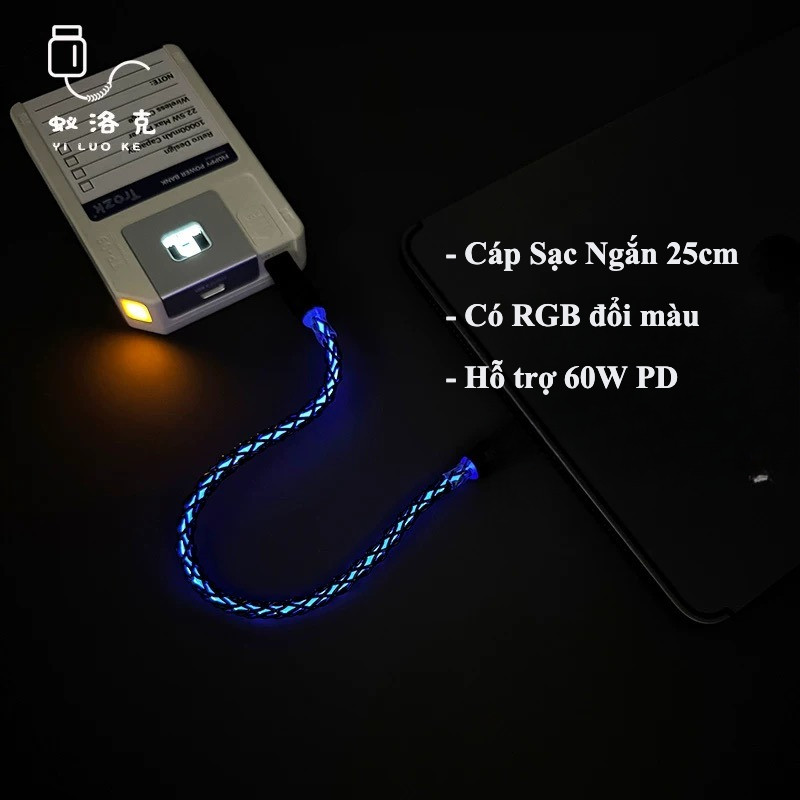 Cáp Sạc Ngắn 65W - 15cm, 25cm, 50cm - Dây RGB Phát Sáng - CarPlay - Truyền Dữ Liệu 480Mpbs