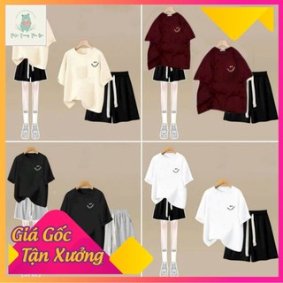 Sét Bộ Quần đùi trơn + mix áo phông form rộng-mặt cười in ngực-