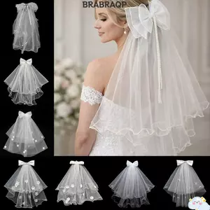 Khăn che mặt cô dâu BRBRAA, Khăn lau đám cưới hai lớp màu trắng, Viền ren nơ phồng cho bữa tiệc cưới