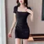 Váy ôm cổ vuông xếp ly hông tay ngắn Skinny eo hẹp