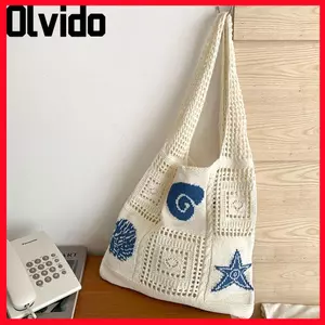 Túi đeo vai đan OLVIDO, Túi dệt kim sao biển hoạt hình, Túi đi biển cỡ lớn màu be màu nâu rỗng dành cho nữ