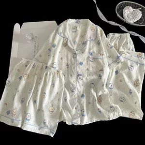 Bộ Đồ Ngủ Ba Mảnh Nguồn Việt Nam Lào, Quần Short Ngắn Tay, Quần Dài, Áo Cardigan, Cổ Lật, Bộ Đồ Nữ