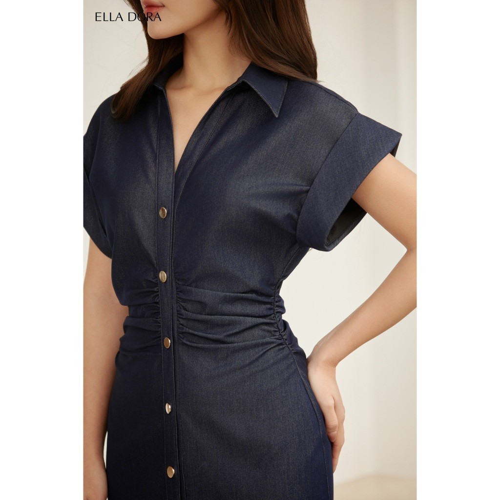 Đầm công sở nữ ELLA DORA form ôm dáng dài phối cúc đồng thanh lịch mặc hàng ngày màu XANH ĐẬM [D236]