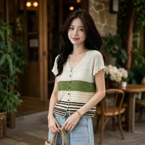 Áo len Cardigan dệt kim sọc cổ chữ V có viền tương phản màu sắc phiên bản ngắn tay mùa hè-
