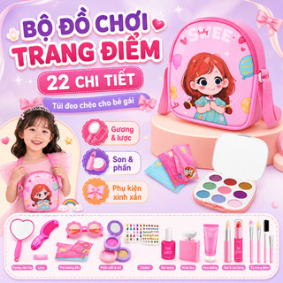 Túi đeo chéo trang điểm mô phỏng – 22 chi tiết: gương, lược, son, phấn, nail – Đồ chơi làm đẹp cho bé gái – Dễ thương
