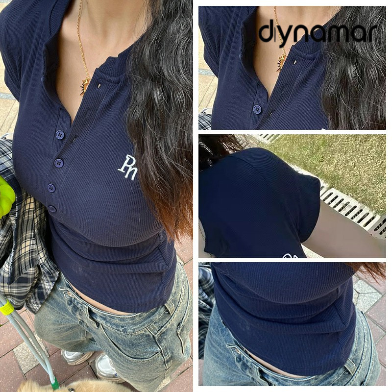 【dynamar】Áo thun ngắn tay kiểu retro áo thun thường ngày đa năng. áo thun nữ ôm dáng thêu họa tiết