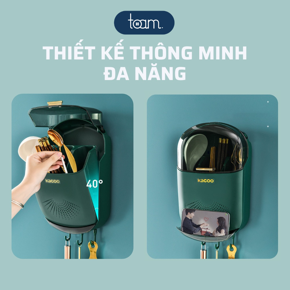 Hộp Đựng Đũa Muỗng Treo Tường KACOO Thoáng Khí Ngăn Ẩm Mốc HOMIE, Ống Đựng Đũa Có Nắp Đậy, Móc Treo