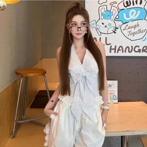 Dây thắt cổ chữ V sọc kiểu Pháp dành cho nữ mùa hè Ren viền cô gái nóng bỏng Dây eo hẹp