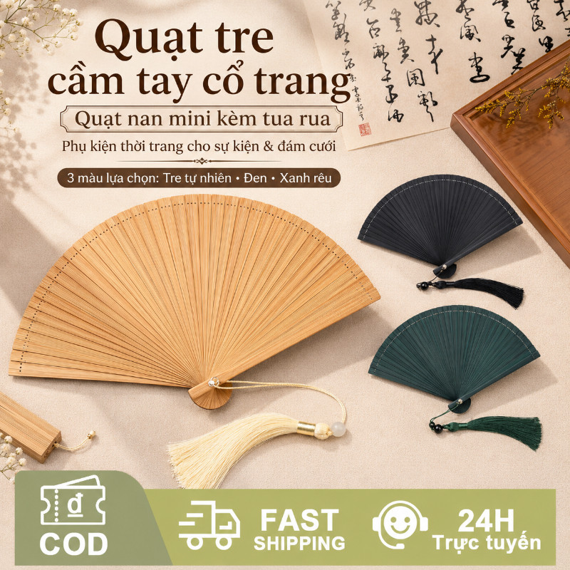 Quạt tre cầm tay cổ trang, quạt nan mini, tua rua, phụ kiện thời trang sự kiện & đám cưới