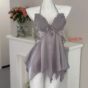 Váy ngủ bướm DARON, Dây buộc dây buộc áo ngủ yếm, Đồ lót nữ thoải mái Ice Satin Silk Váy ngủ ngọt ngào có miếng đệm cho nữ