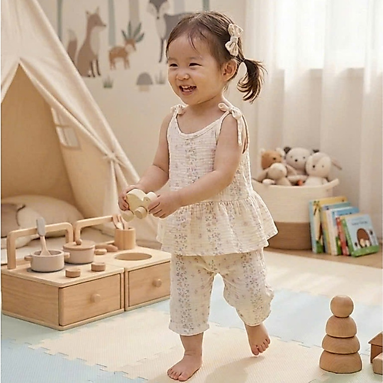 Bộ hai dây quần lửng bé gái xô muslin Lá Homewear XM01, bộ đồ hè bé gái mát nhẹ dễ thương