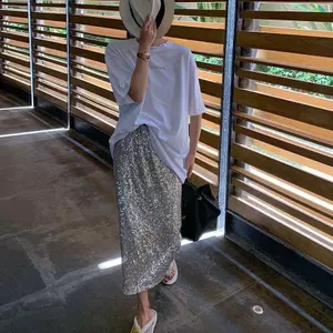 Váy sequin màu trơn công nghiệp nặng Váy hông xẻ giữa dài
