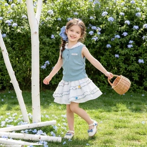 ✿ Bé Gái Ren Cổ Áo & Váy Ruffle 2 Bộ Xanh Trắng Tương Phản Trẻ Em Mùa Hè Preppy Trang Phục