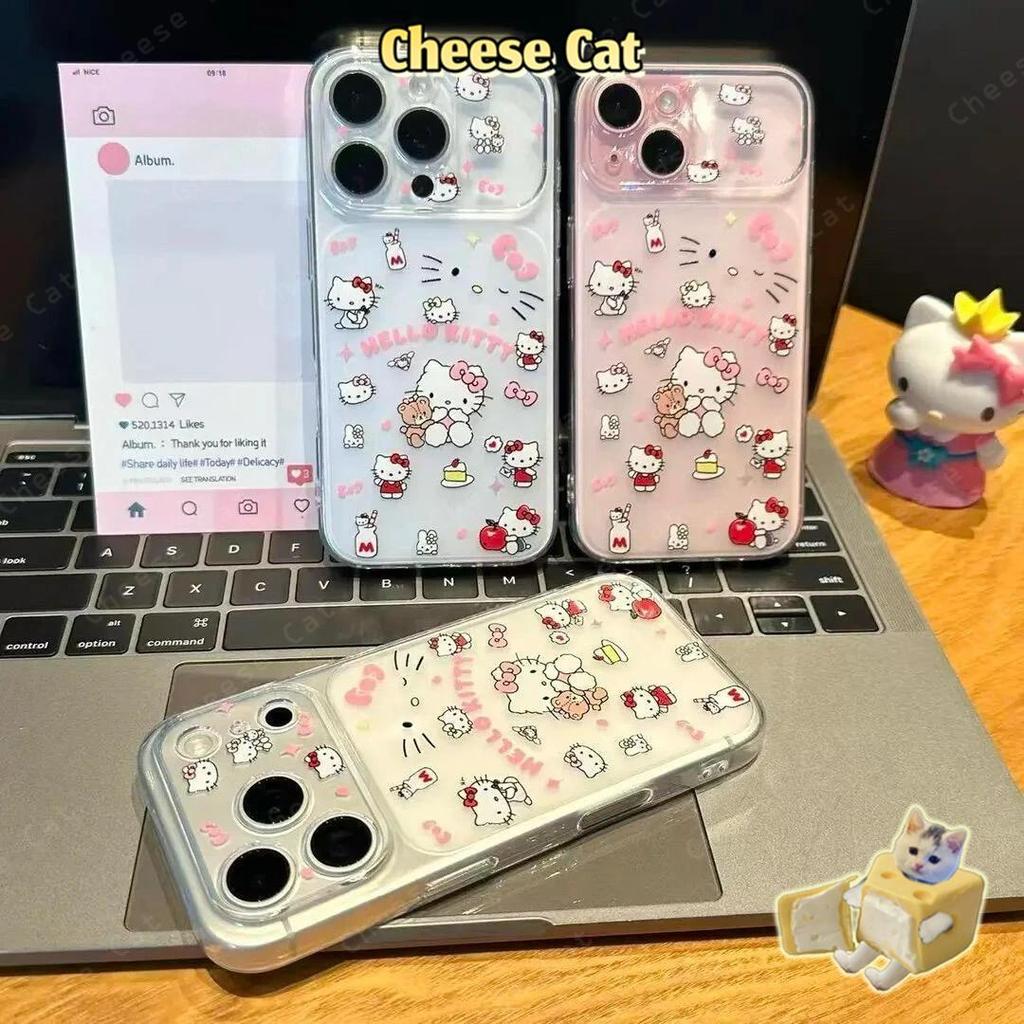 Ốp lưng toàn màn hình Kitty nơ hồng dễ thương cho iPhone 15 16 Xs Max XR 13 14 17 Pro Max 12 11 Vỏ bảo vệ ống kính