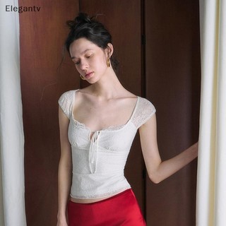 EGN Áo Thun Nữ Mùa Hè Thiết Kế Ren Nối Thẳng Vai