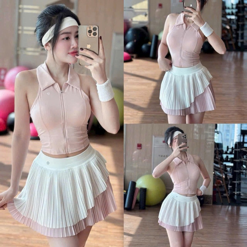[HÀNG MỚI VỀ] Bộ thể thao nữ, Áo sẵn mút đúc kéo khoá váy phối lưới  QCCC tập Gym, nhảy, pickleball, tennis (có tách lẻ)