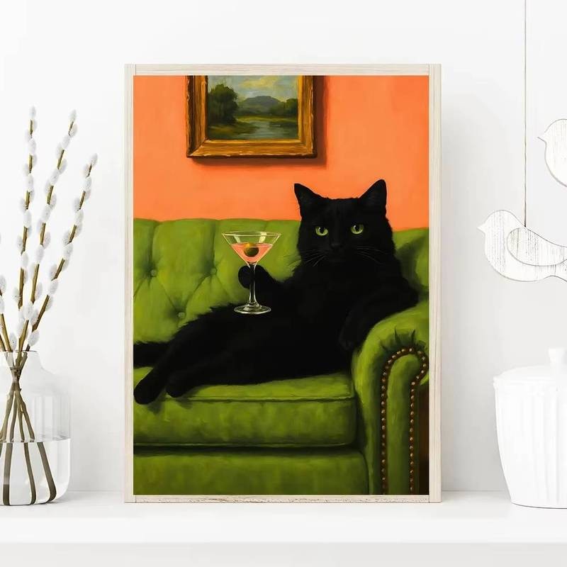 Tranh Canvas Mì Ống Mèo Đen Cocktail Khói Trang Trí Tường Phòng Khách