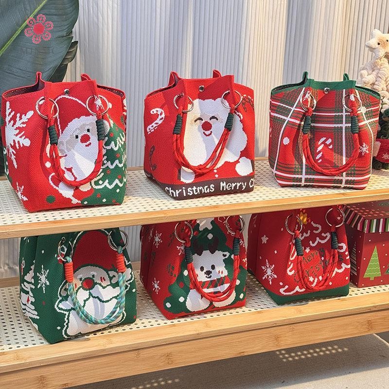 MJnmc Hoạt Hình Tuần Lộc Ông Già Noel Dệt Kim Xô Túi Dành Cho Nữ Thời Trang Dung Tích Lớn Di Động Túi Xách Giáng Sinh Dệt Kim Quà Tặng Túi Mới