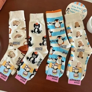 Phụ nữ hoạt hình dễ thương bánh mì đậu phộng mèo đen chim cánh cụt cotton vớ phù hợp cho mùa thu đông