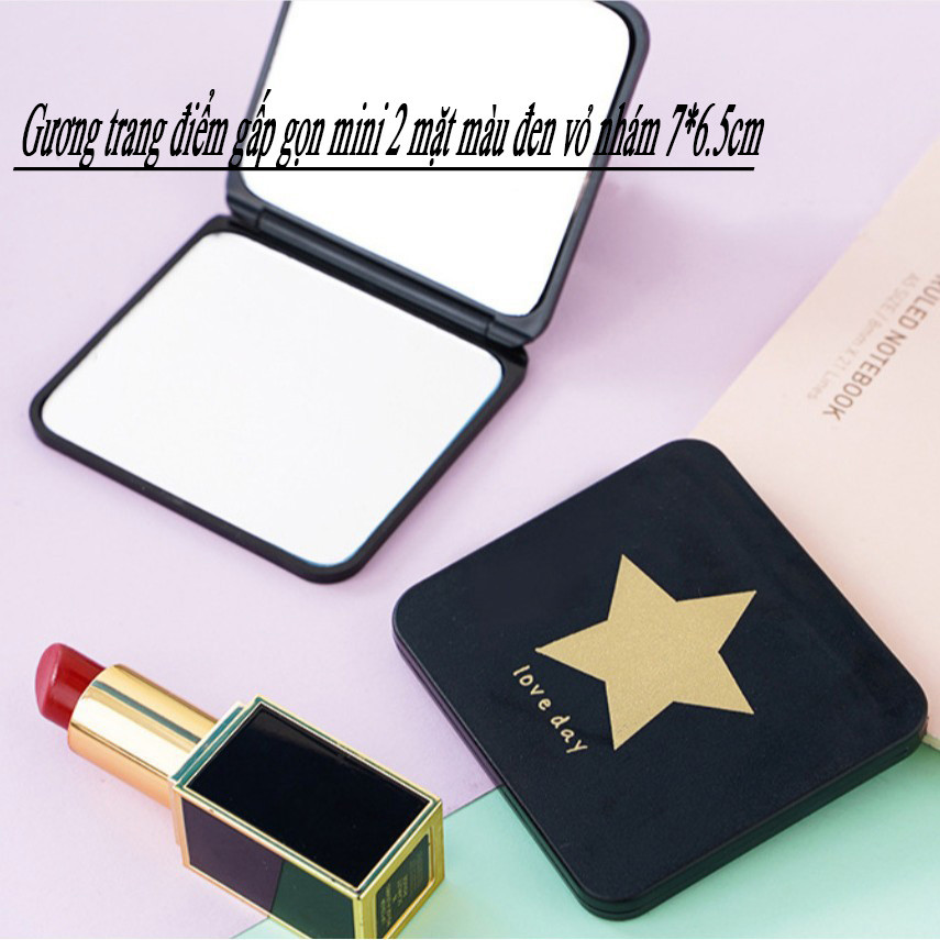 M7 Gương trang điểm gấp gọn mini 2 mặt màu đen vỏ nhám 7*6.5cm MALAN