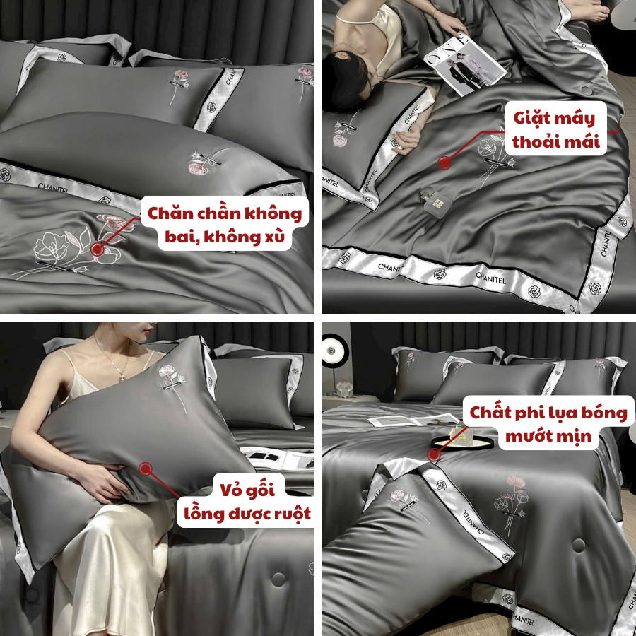Set chăn ga 4 món vải phi lụa chăn hè MemMinBedding Luxury tone màu sang trọng, basic, giặt được máy giặt - TH5