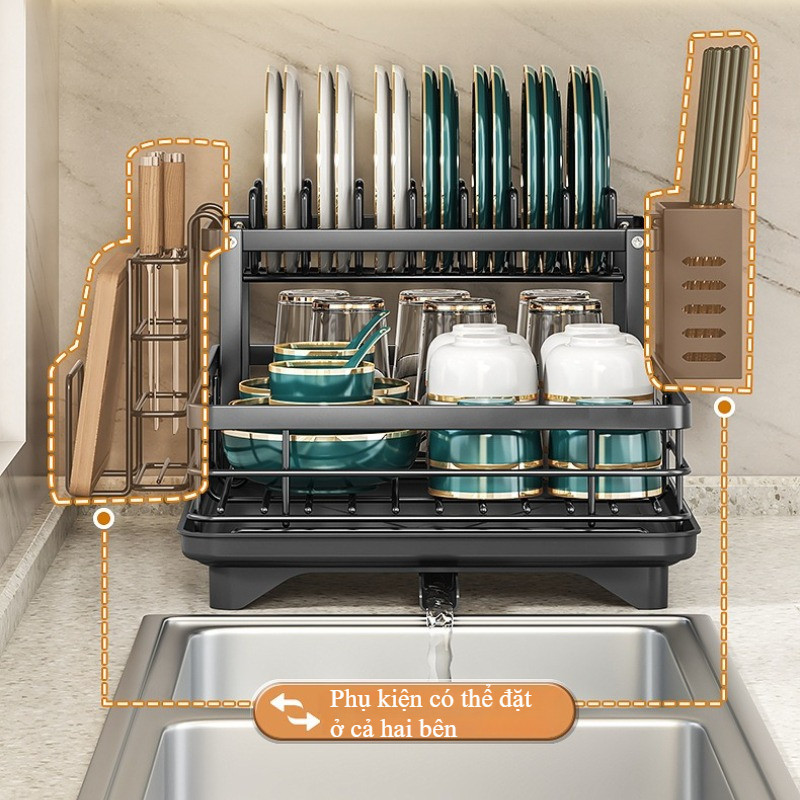 Kệ Đựng Bát Đĩa 2 Tầng - Khung Thép Carbon Bền, Khay Hứng Nước & Ống Thoát, Tiết Kiệm Diện Tích