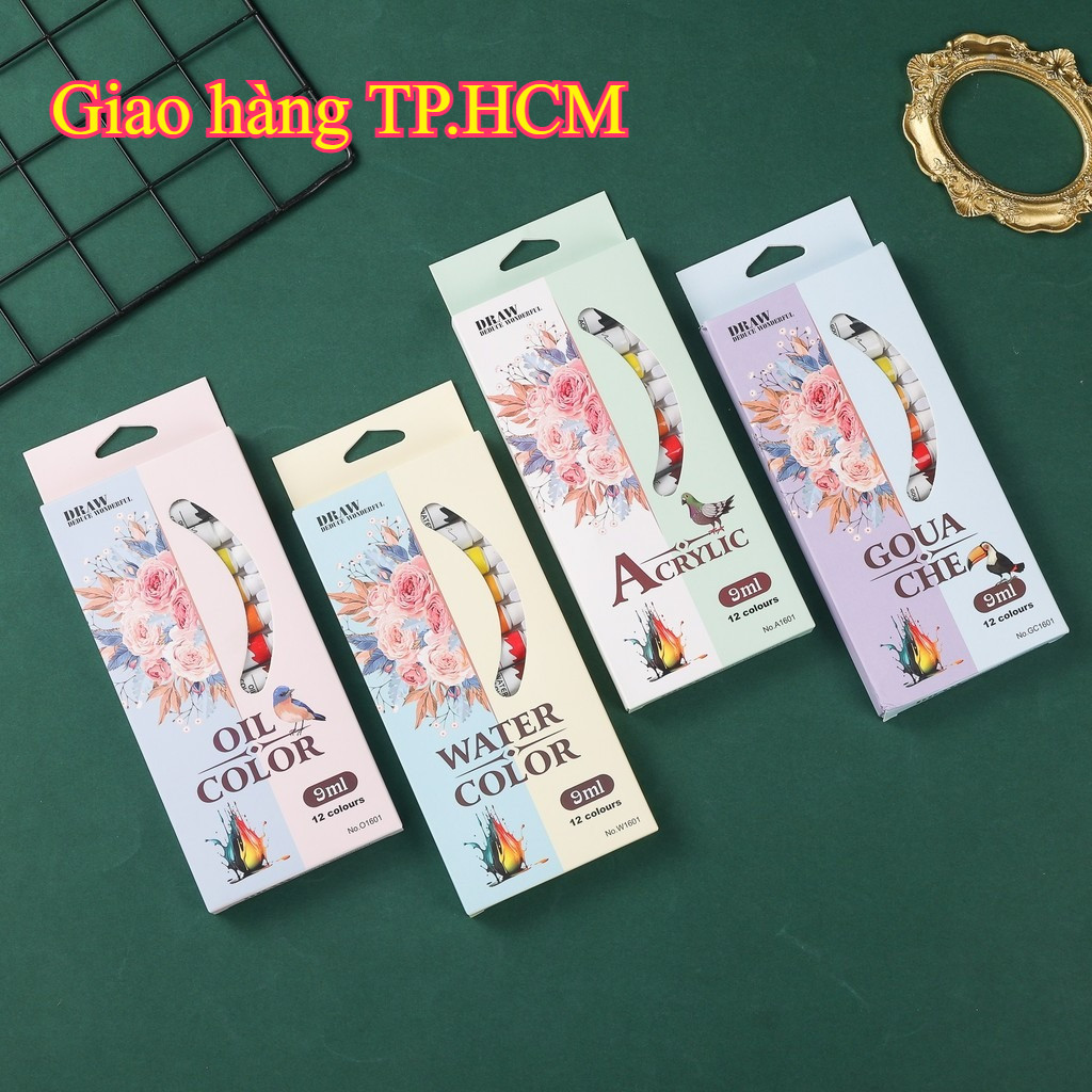 Bộ 12 màu sơn mỹ thuật 9ml/hộp  ng nhôm nhẹ tiện mang, sơn acrylic, sơn dầu, sơn nước & sơn bt cho hội hoạ