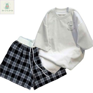 sét bộ quần đùi cộc kẻ caro cạp chun màu trắng +mix áo phông form rộng-in chữ CHI AND TI -