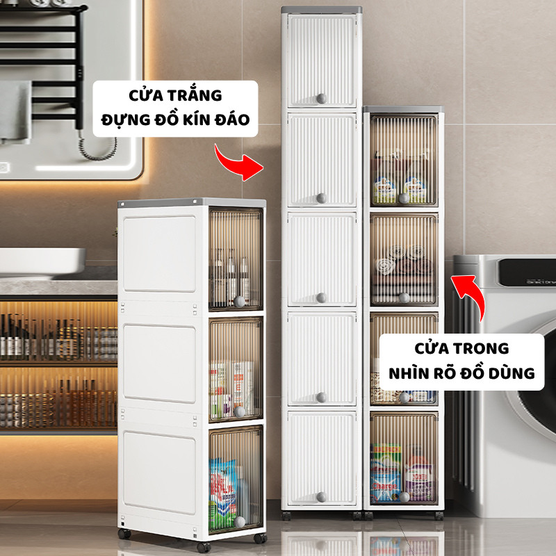 Tủ Nhựa Gấp Gọn Phòng Tắm ENODA HOME, Tủ Cửa Lật Trong Suốt Đựng Đồ Đa Năng Có Bánh Xe Di Chuyển Tiện Lợi TUN003