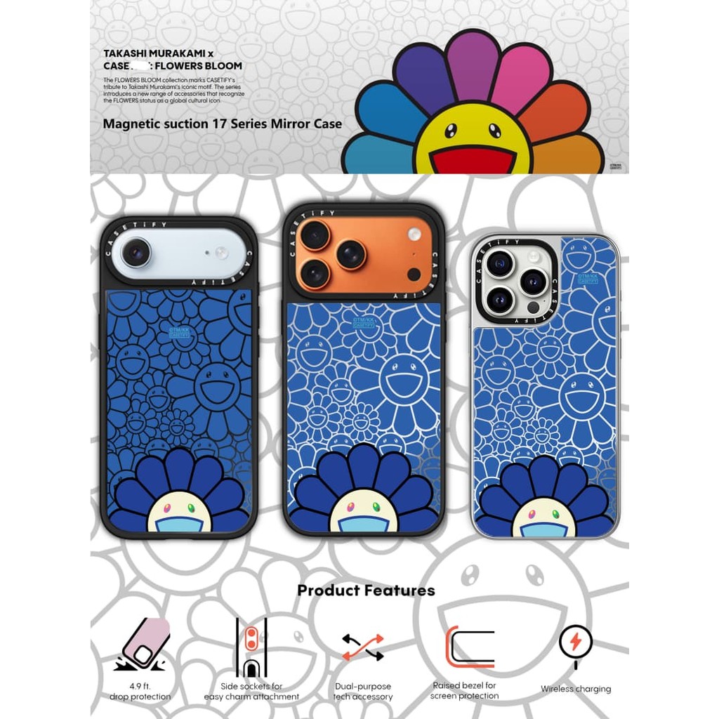 TAKASHI MURAKAMI x CASECASE: FLOWERS BLOOM SMILE (XANH) Gương đen & bạc Vỏ iPhone hút từ tính cho iPhone 17 Air 16 15 14 13 12 Pro Max Plus logo khắc