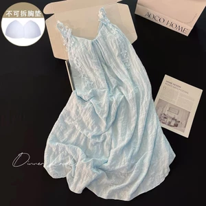 Váy Ngủ Hai Dây Màu Trơn Xuyên Biên Giới Ba Chiều Bướm Rỗng Có Thể Điều Chỉnh Dây Vai Bông Cổ Chữ V Phục Vụ Tại Nhà Nữ