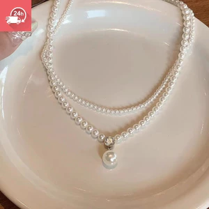 Mặt dây chuyền ngọc trai kim cương lấp lánh tinh tế và dễ thương Vòng cổ xếp chồng hai lớp