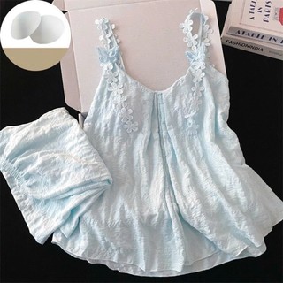 [-Order]-Bộ Đồ Ngủ Nữ 2 Dây Hoa Thêu Lụa Mềm Mát mẻ  | Pijama Dáng Rộng Kèm Quần Short Lưng Thun  mẫu hàng qc