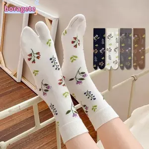 BORAGETE 1 Đôi Tất Tabi Nữ, Tất Chia Ngón Chân Thanh Lịch Họa Tiết Hoa, Thoáng Khí Thoải Mái Phong Cách Nhật Bản Bông Tai Kẹp Tất