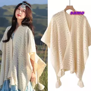 SAMO Nữ Khăn Choàng, Tua Rua Viền Ren Áo Cardigan Dân Tộc Retro, Phong Cách Mỏng Rỗng Ra Dệt Kim Quấn Áo Cardigan Dệt Kim Phong Cách Kỳ Nghỉ