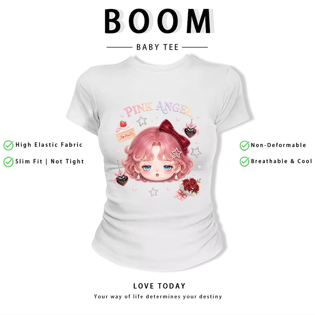 BOOM Áo Baby Tee Nữ Cotton Ôm Body-Áo Thun Ngắn Tay Y2K In Hình PhongCách Mùa Hè, Cổ Tròn Hàng Đầucách hàn quốc phong340
